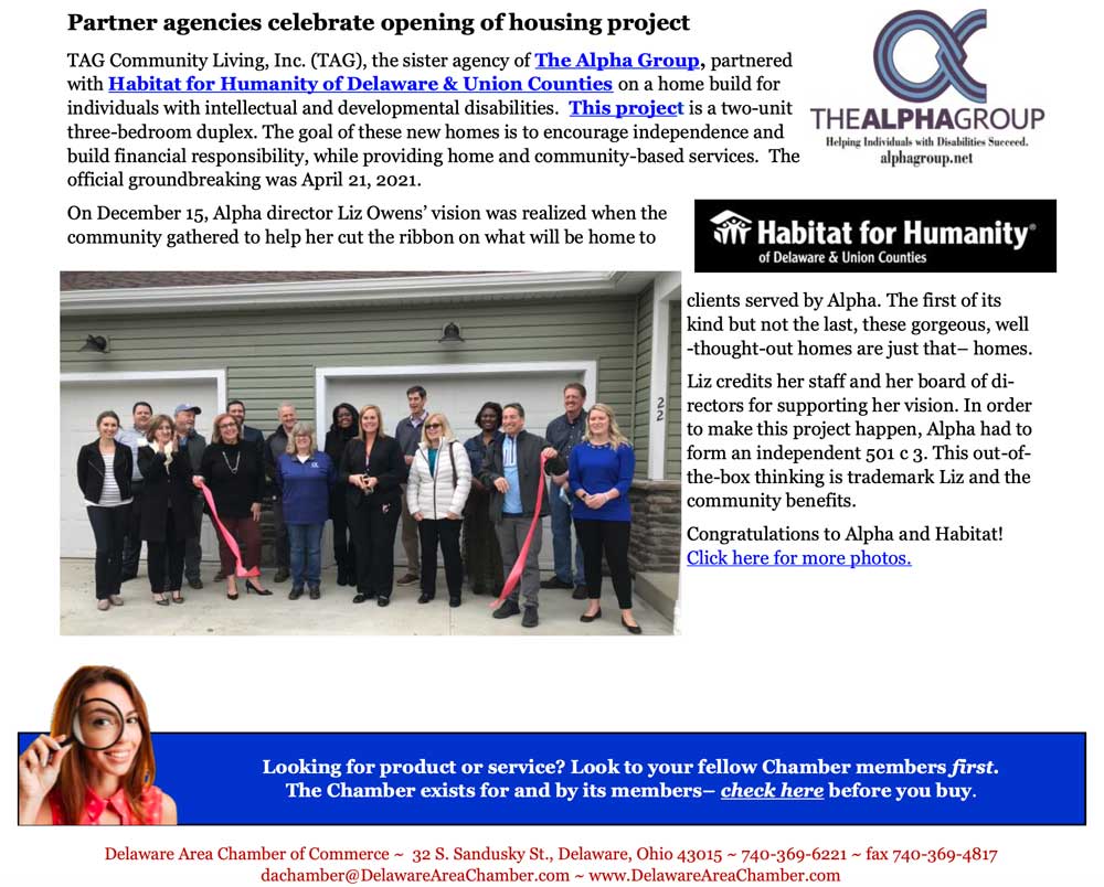 TAG Community Living featured in a Delaware Area Chamber of Commerce newsletter